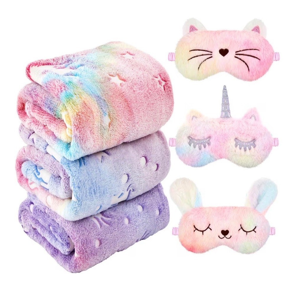 3 Glow in the Dark Unicorn Blankets and 3 Eye Mask Set Rainbow Plush Fleece Kids